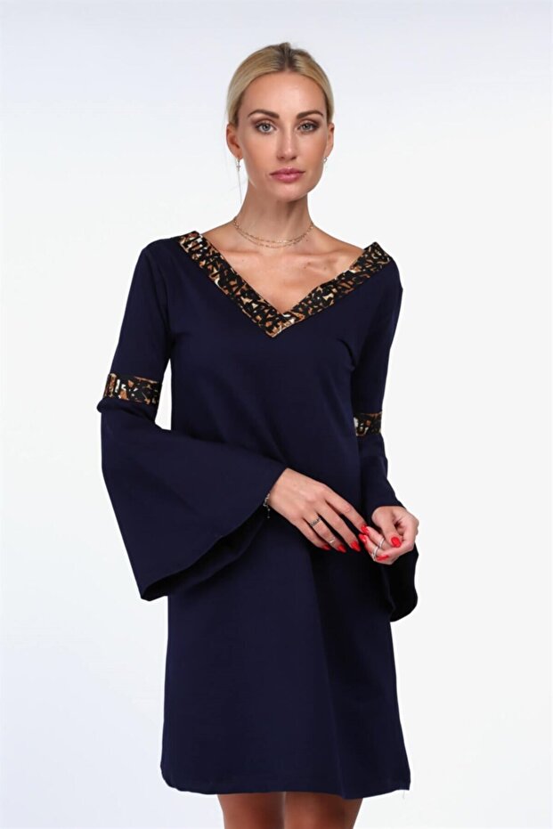 Ispanyol Kol Baskılı Şeritli Midi Elbise - 2