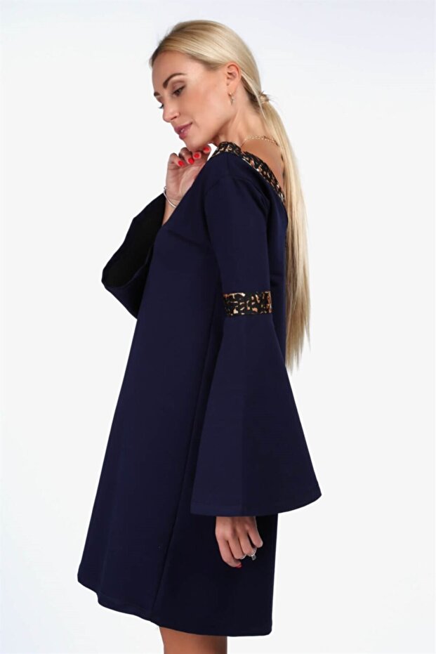 Ispanyol Kol Baskılı Şeritli Midi Elbise - 3