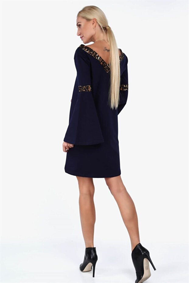 Ispanyol Kol Baskılı Şeritli Midi Elbise - 4