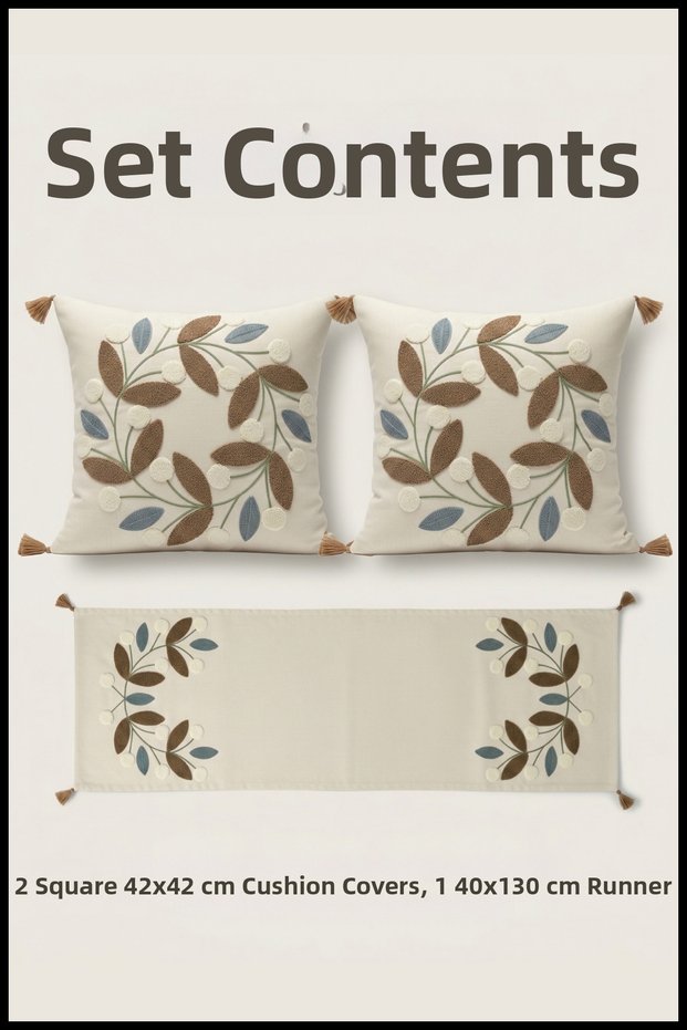 Boho Decorative Punch Embroidered Daisy Pattern Throw Pillow Runner Set 2 Square Throw Pillows 1 Runner Living Room Set