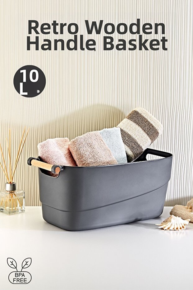 10 Liters. Multi-Purpose Organizer Retro Basket with Wooden Handles
