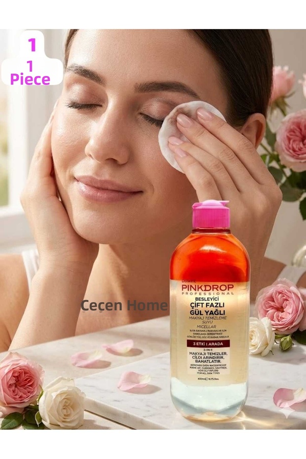 (1 Piece) Nourishing Dual Phase Rose Oil Makeup Remover Water, 3 Effects in 1 Cleans Makeup-Purifies Skin-Relaxes, Rose Makeup Remover Water 400 ml