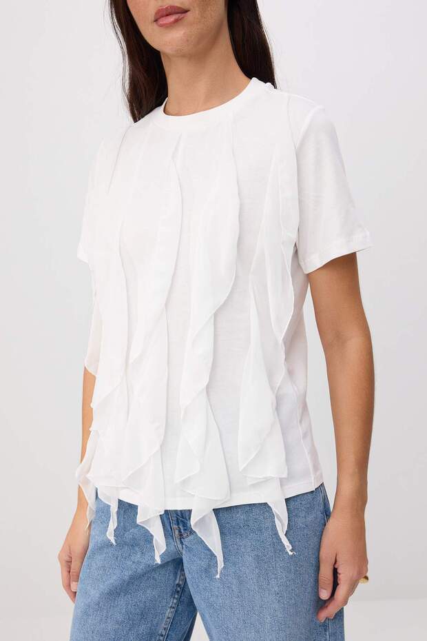 Ekru Düz Regular Bisiklet Yaka Standart Kol Kısa %100 Pamuk Örme T-Shirt TWOSS26TS00216 - 4
