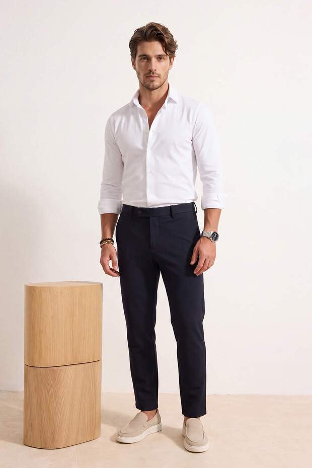 Lacivert Dar Kalıp/Slim Fit Boru Paça Yüksek Bel Yazlık Erkek Dokuma Pantolon TMNSS26PL00022 - 2