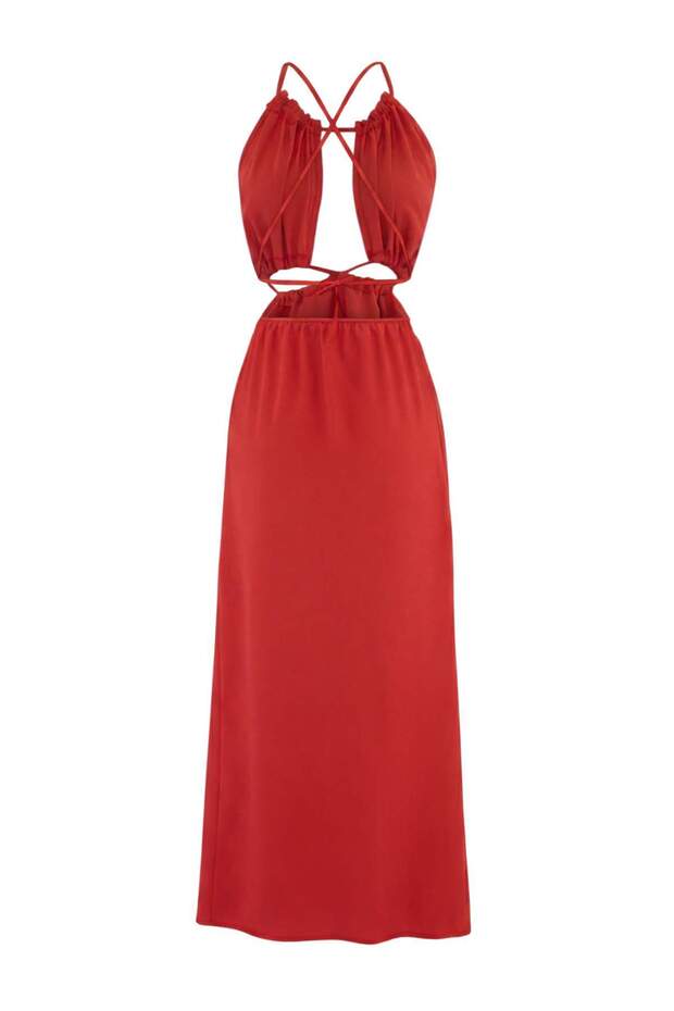 Kırmızı Dokuma Cut Out Detaylı Maxi Plaj Elbise TBESS25EL00137 - 5
