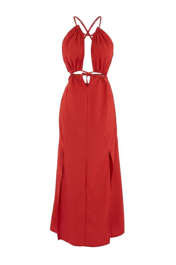 Kırmızı Dokuma Cut Out Detaylı Maxi Plaj Elbise TBESS25EL00137 - 4
