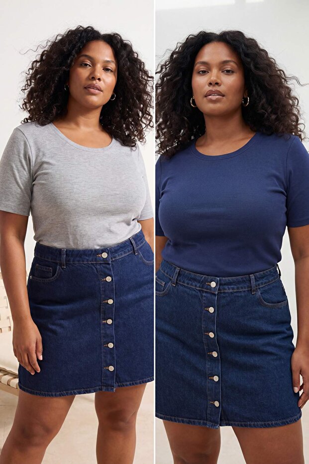 Gri Melanj-Lacivert 2'li Paket Bisiklet Yaka Basic Kaşkorse Örme Büyük Beden Bluz TBBSS26AF00131 - 1