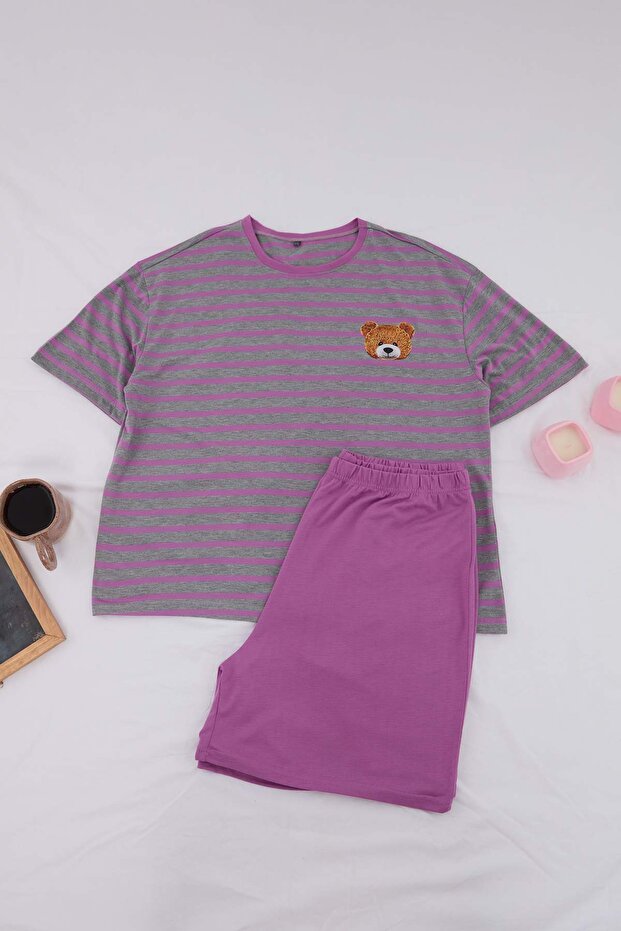 Gri-Çok Renkli Ayıcık Baskılı Çizgili Örme Büyük Beden Pijama Takımı TBBSS26AI00084 - 3