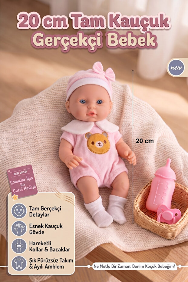 craftivio 26 cm Tam Kauçuk Gerçekçi Et Bebek - Kıyafetli, Biberonlu & Emzikli Set