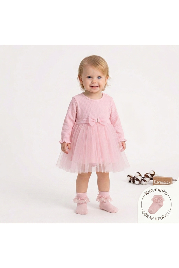 Baby Girl Mevlütlük Tulle Stoned Pink Dress | Socks with Gift