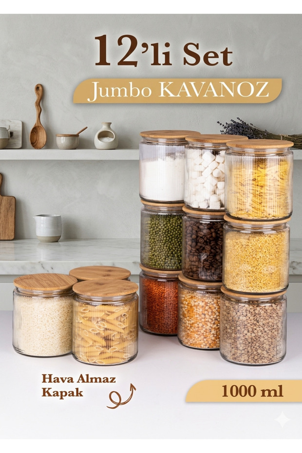 12-Piece Labeled Glass Jar Set – Striped Food Storage Container with Bamboo Vacuum Lid 12X1000 ml