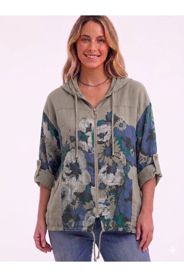 Women's Italian Mink Ethnic Floral Pattern Hooded Zipper Closure 3/4 Sleeve Short Cap Coat