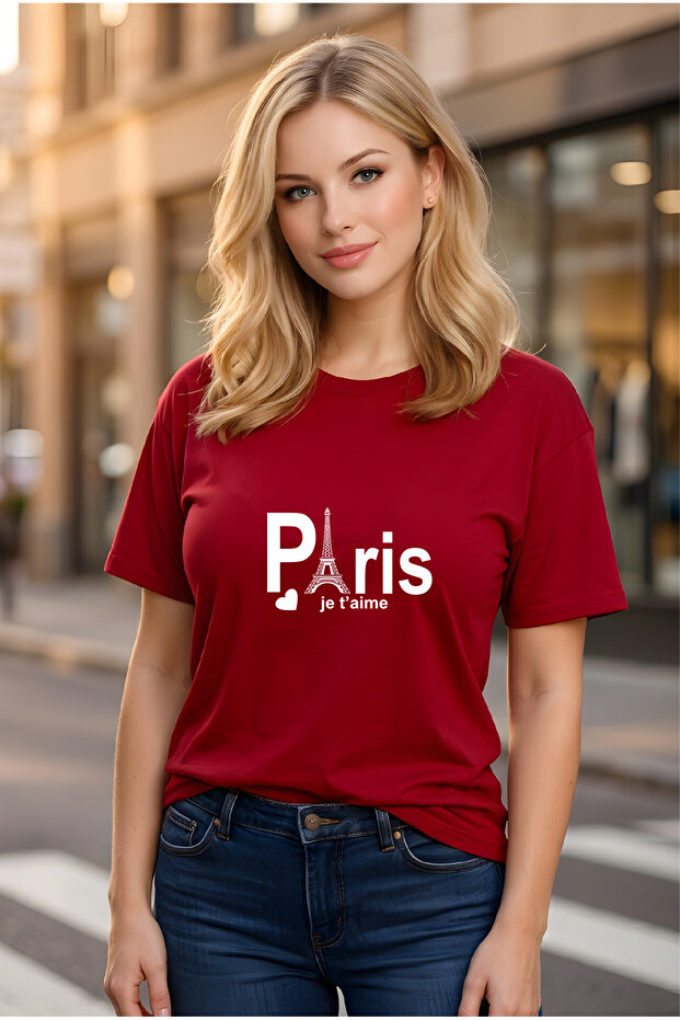 Unisex Short Sleeve Round Neck Paris Printed Solid Color Tshirt
