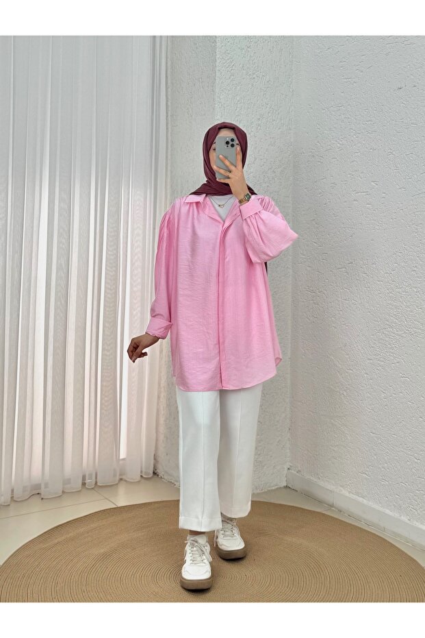 Strawberry Shoulder Gathered Hidden Placket Balloon Sleeve Shirt-Na769 Pink