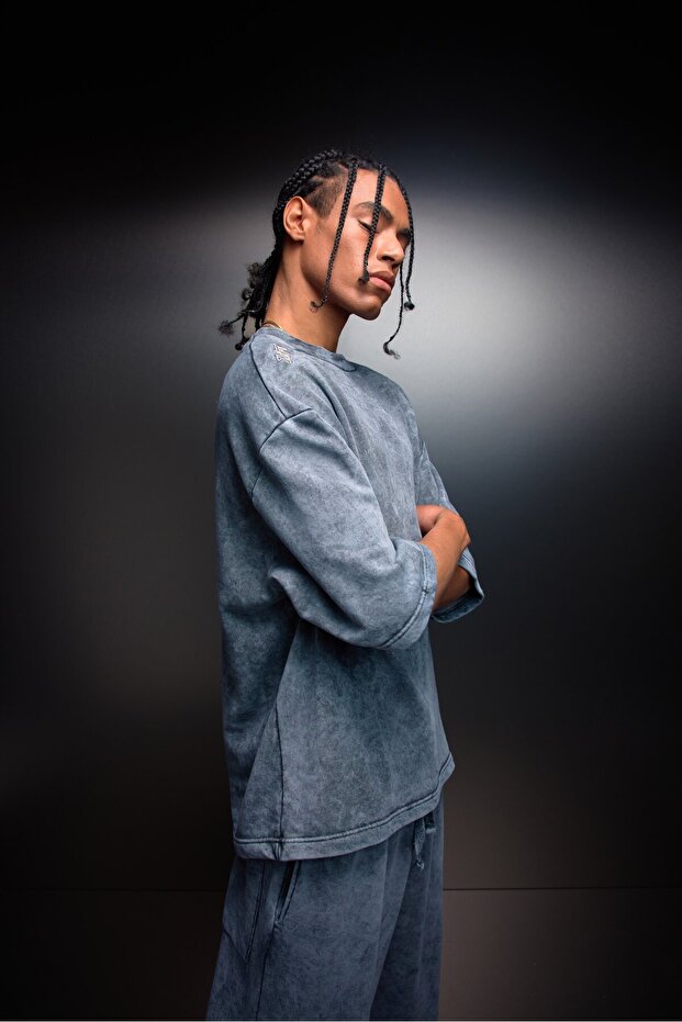 Men's Gray Oversized Washed Effect Basic Tshirt - 3