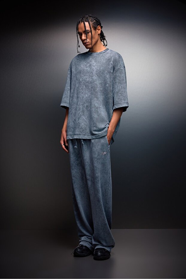 Men's Gray Oversized Washed Effect Basic Tshirt - 6