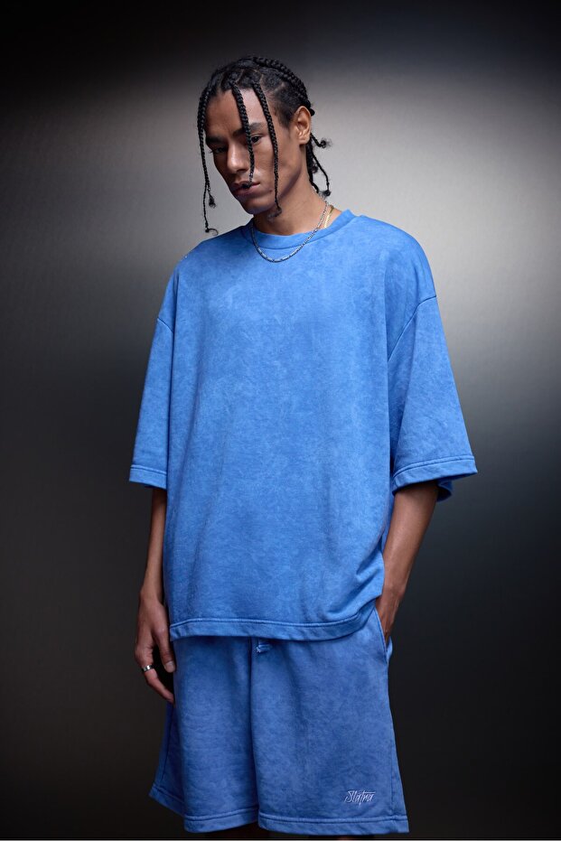 Men's Blue Oversized Wash Effect Basic Tshirt - 1