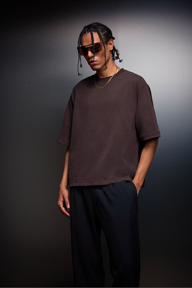 Men's Brown Boxy Fit Basic Tshirt