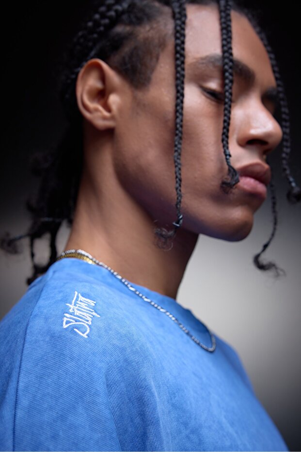 Men's Blue Oversized Wash Effect Basic Tshirt - 6