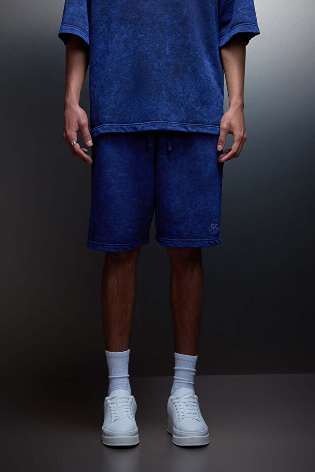 Men's Indigo Basic Washed Effect Above-Knee Shorts