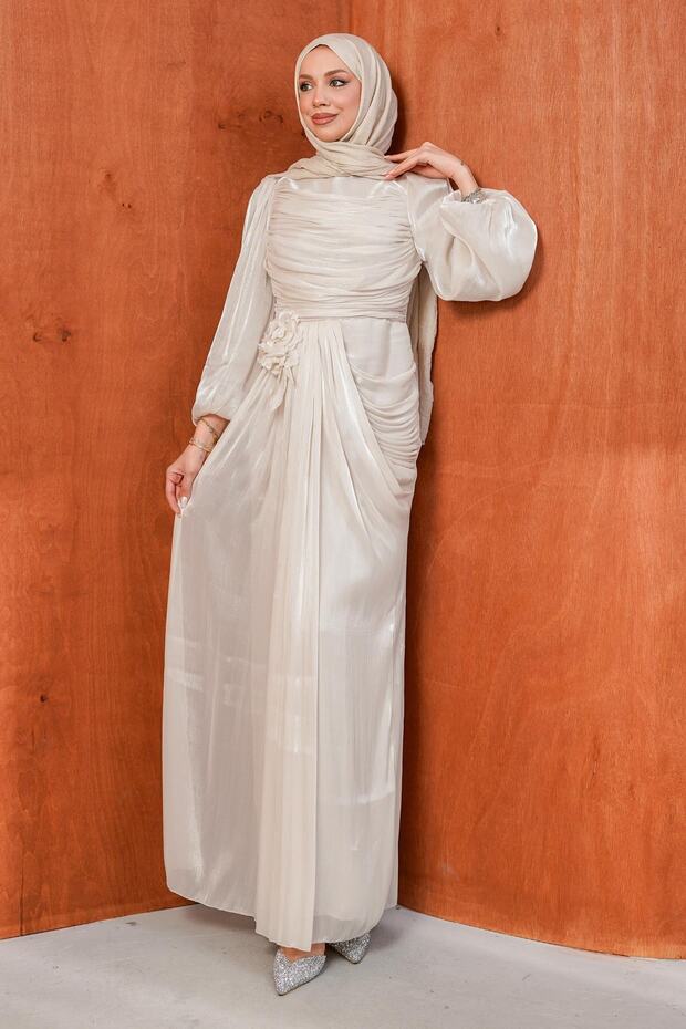 Stone Front Draped Rose Detailed Evening Dress