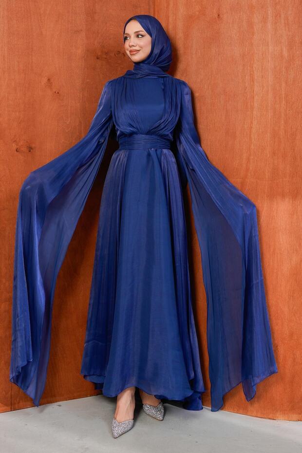 Cobalt Blue Shoulder Detailed Draped Evening Dress