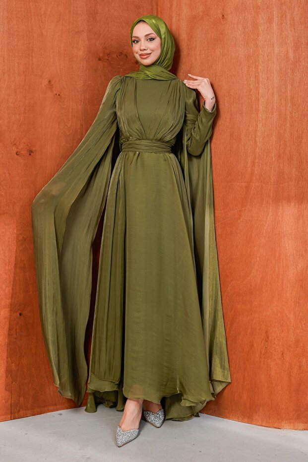 Khaki Shoulder Detailed Draped Evening Dress