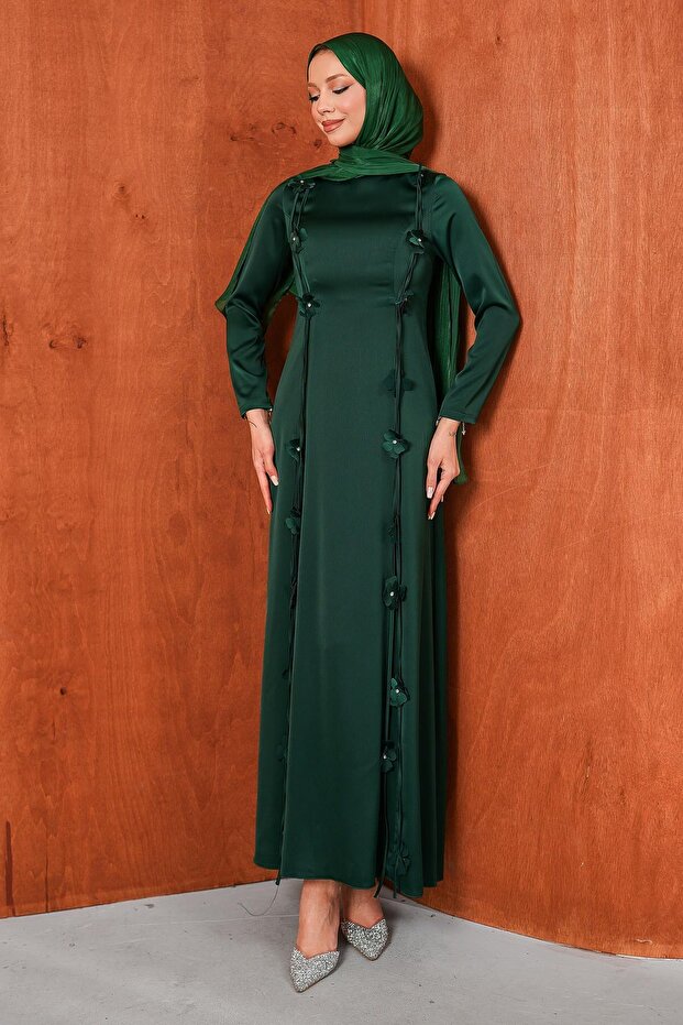 Emerald Green Satin Evening Dress with Floral Detail
