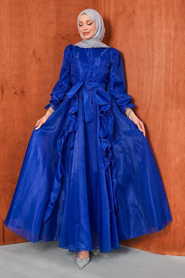 Cobalt Blue Balloon Sleeve Evening Dress