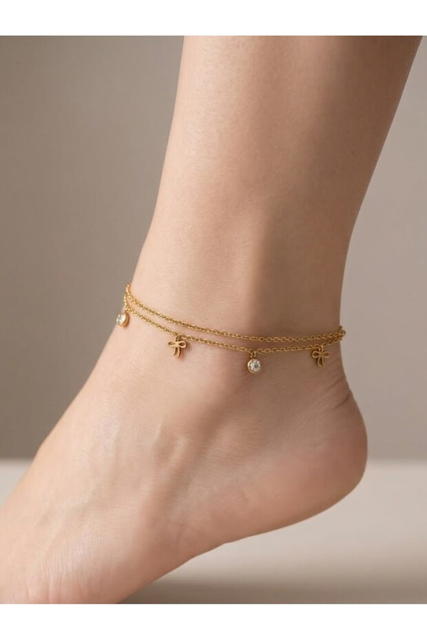 Steel Gold Color Zircon Stone Bowknot Anklet