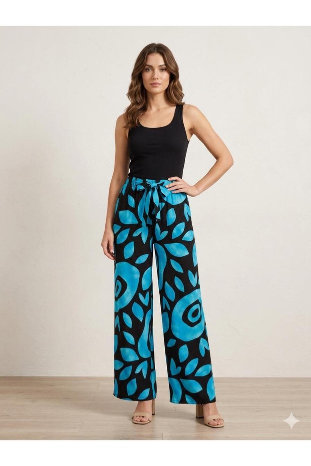 Women's Elastic Waist Wide Leg Viscose Summer Trousers - Plazzo Pants
