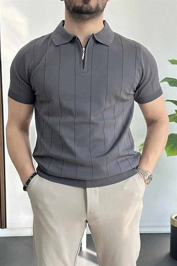 Men's Half Zip Polo Neck T-Shirt Smoked Edw257