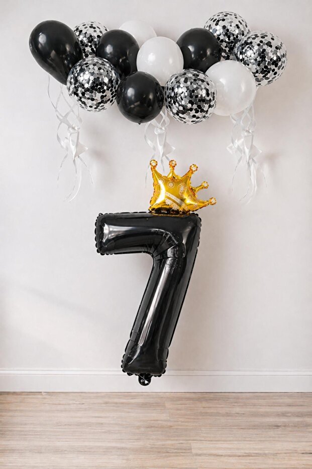 7 Number Black Foil Balloon, King's Crown and Black Balloon Set with Confetti
