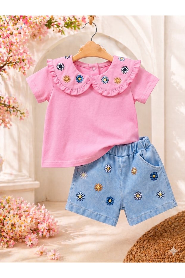 Daisy Embroidered Cotton Piece Combed Cotton Shorts Set for Baby Girl 6-24 Months