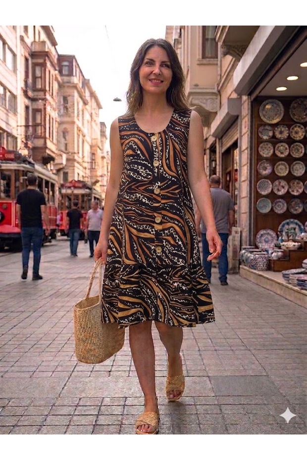 Women's Black Camel Button Detailed Pocket Sleeveless Midi Dress