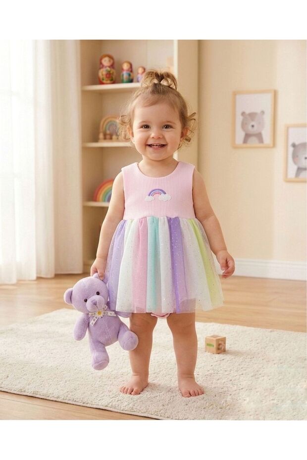 Baby Girl Rainbow Embroidered Tulle Snap-On Dress Pink (100% Cotton)