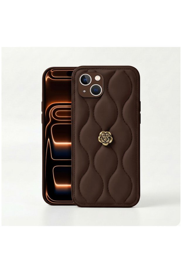 Apple iPhone 15 Compatible Case Floral Wavy Leather Case Brown