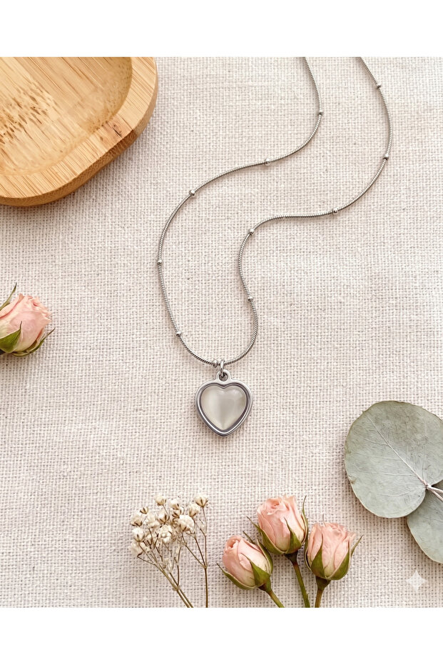 Non-Tarnish Steel White Pearlescent Enameled Heart Necklace