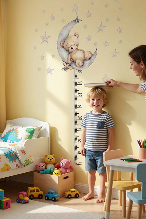 Cute Sleepy Bear and 50 Pieces Star Height Gauge Wall Sticker Set