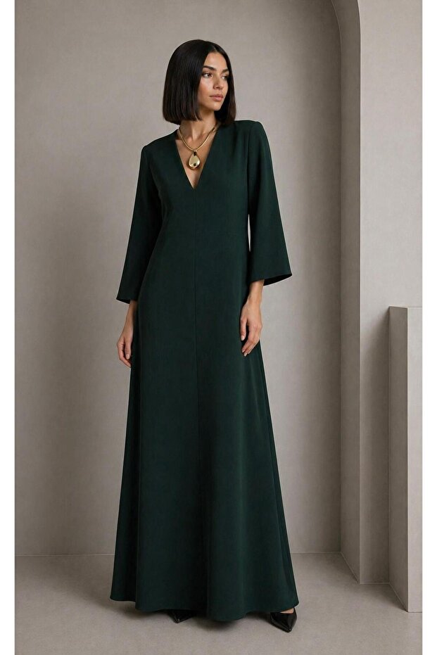Maxi Length V-Neck Long Sleeves Stylish Crepe Event Dress Cou-85