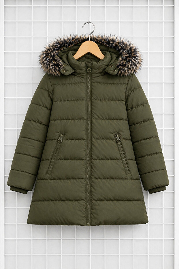 Girl's Khaki Puffer Coat Hooded Fur Winter Long Model