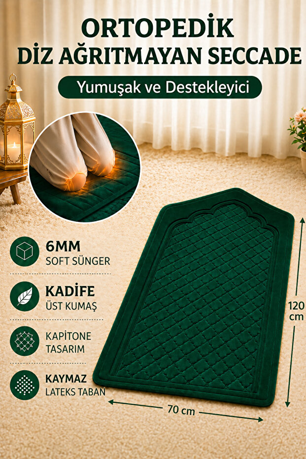Extra Soft Cushioned Knee-Relieving Orthopedic Quilted Prayer Rug with Special Non-Slip Underlay 70x120 Size