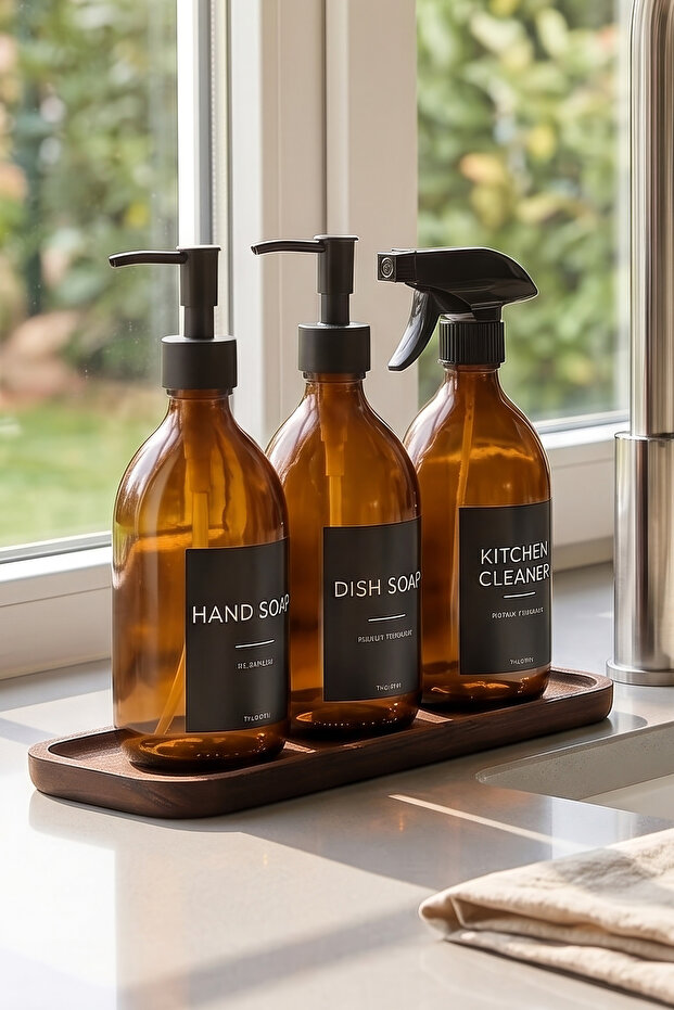 500ml Black Series Hand Soap, Dishwashing Detergent, Kitchen Cleaner Set with Wooden Stand