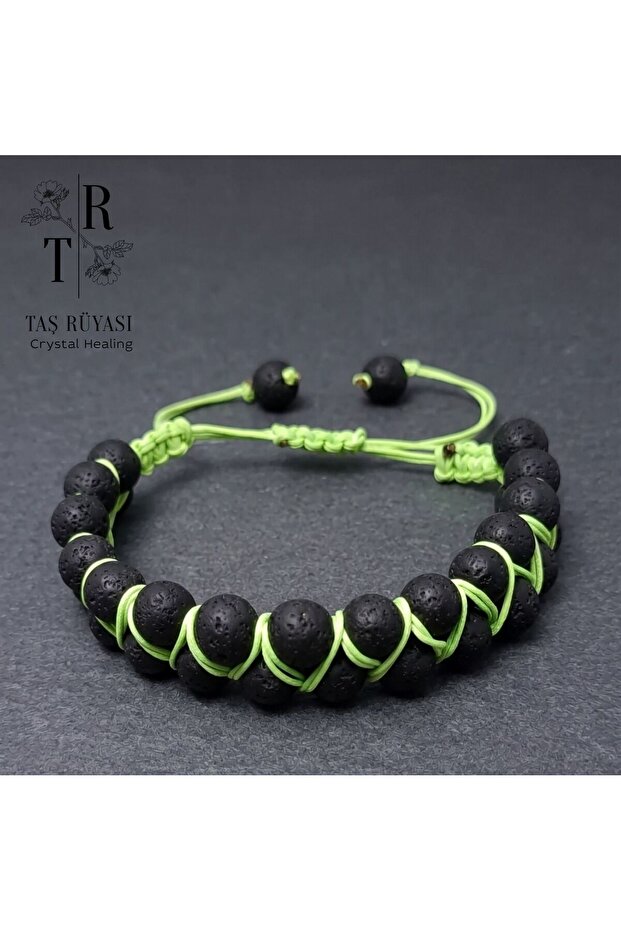 Lava Stone Double Row Knitted Bracelet 8 mm (Green String)