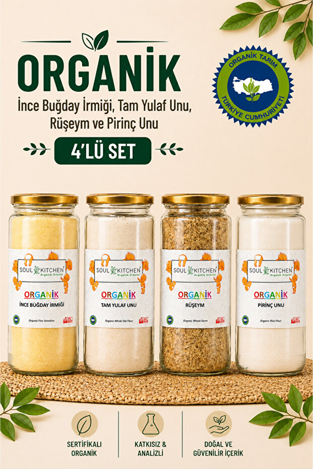 Soul Kitchen Organik Ürünler Organik Sertifikalı Rüşeym İnce İrmik Pirinç Unu Tam Yulaf Unu 4’lü Cam Set