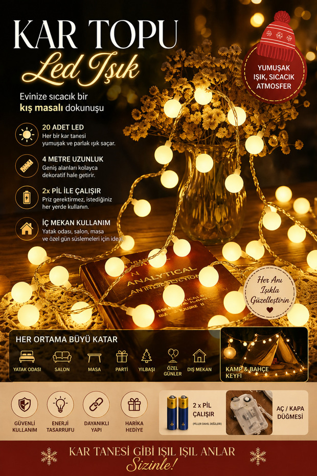 nextbuy Kar Topu Led Işık 4 Metre 20 Led 2x Pilli Süsleme Yılbaşı Aydınlatma Sarkıt Dizeleri Gün Işığı