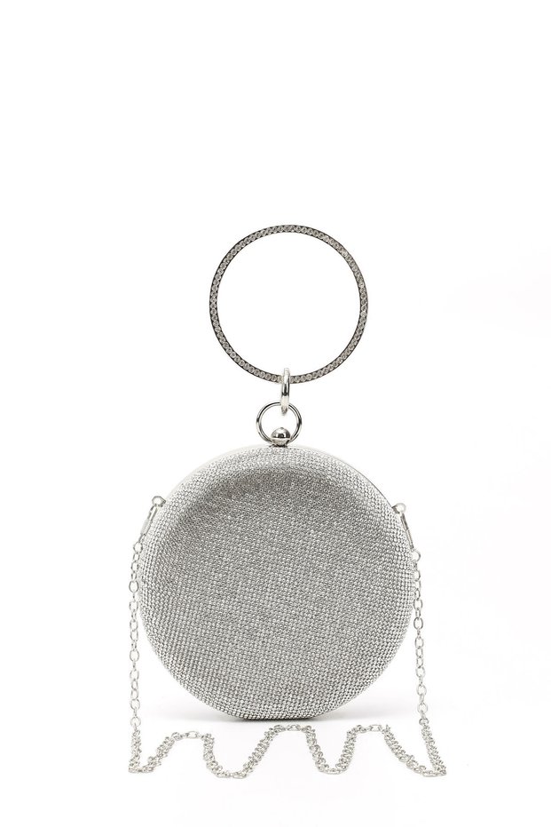 Women / Girls Silver Stone Long Chain Evening Dress Bag with Hand and Shoulder Strap