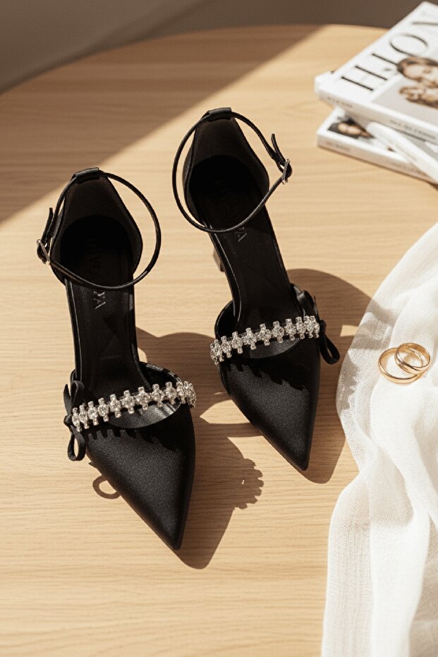 Jeremy Black Satin Stone Bow (8 cm Heel) Pointed Toe Heeled Shoes