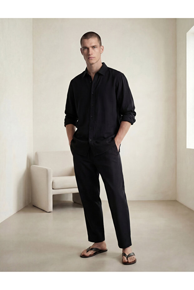Linen Cotton Blend Pocketed Summer Trousers with Tie Waist