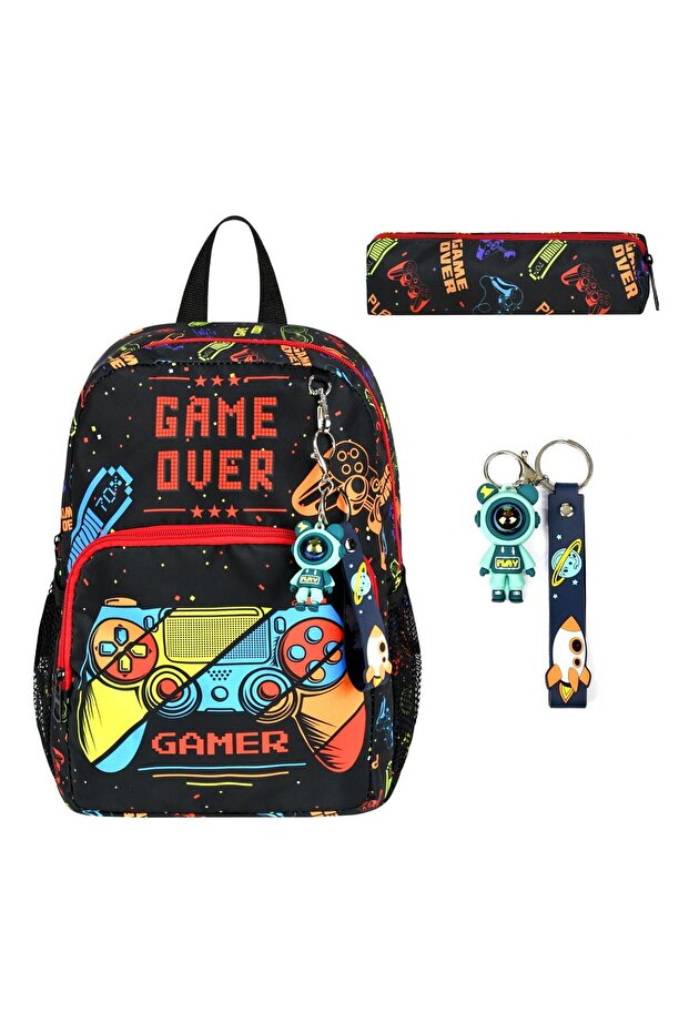 حقيبة رياض الأطفال للأولاد من GAME OVER مع دعم للظهر وحامل أقلام وسلسلة مفاتيح